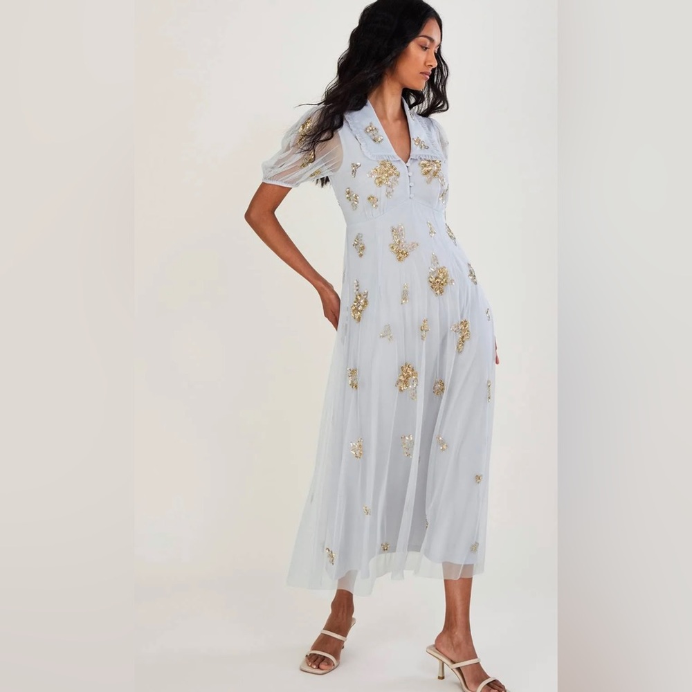 Monsoon Light Blue Maxi Dress with Gold Floral Embroidery